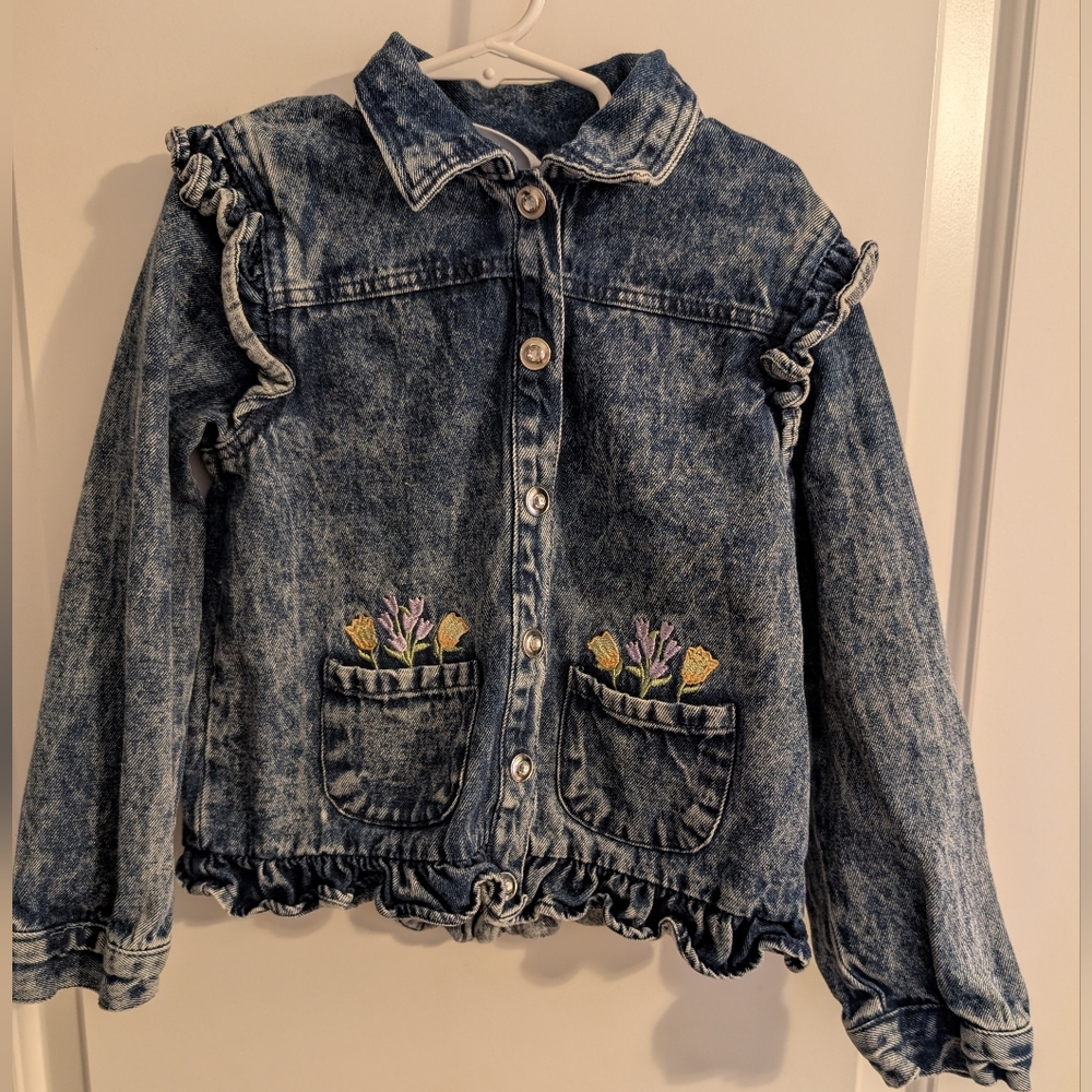 Little Lass Blue Denim Jacket with Floral Pockets‎